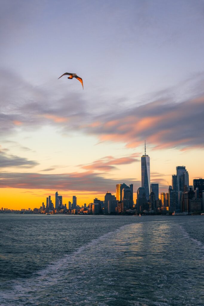 a kite flies over a city