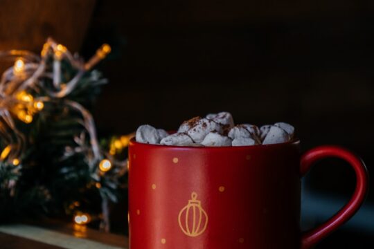 a red cup filled with food sitting on top of a shelf