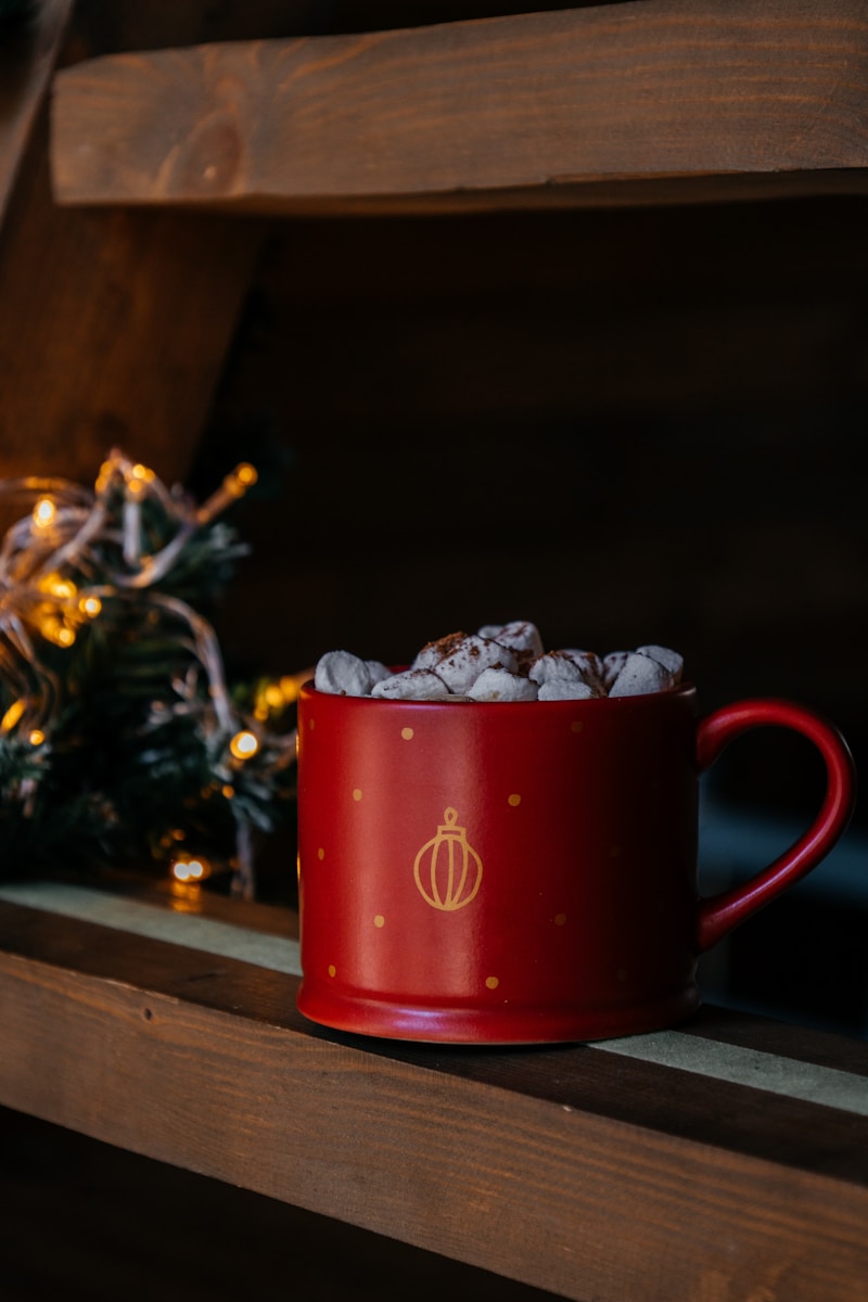 a red cup filled with food sitting on top of a shelf