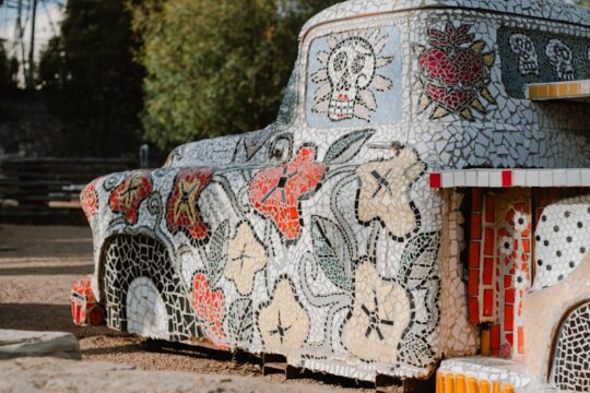 white red and blue floral car